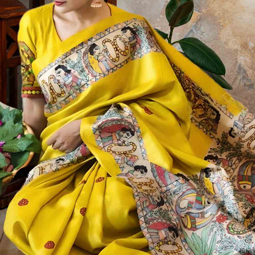 Madhubani Painting Handpainted Madhubani 'Mithila Kohbar' Yellow Tussar Silk Saree